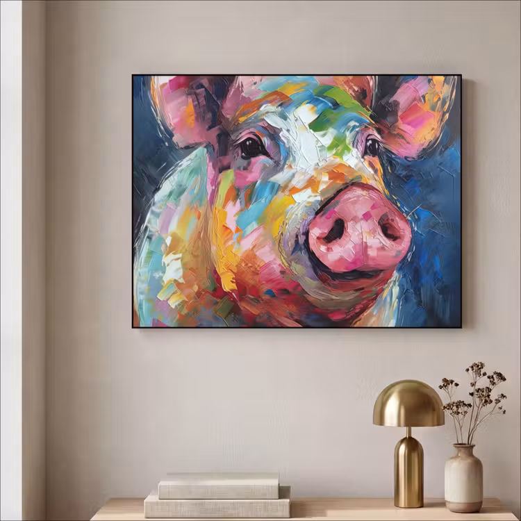 Varken - Olieverf - Dieren - Kunst Textielframe zwart klein -sfeer2