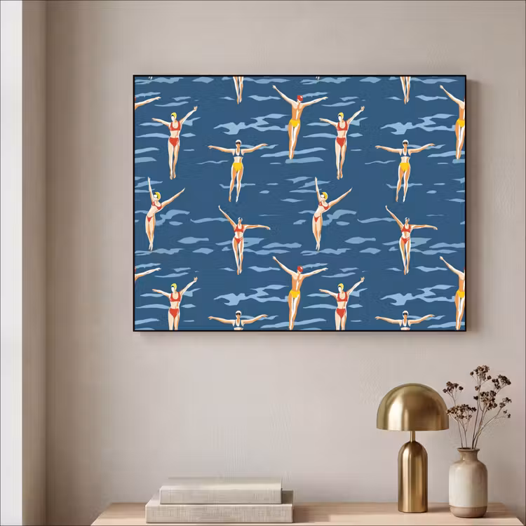 Zwemsters- Retro - Blauw Textielframe zwart klein 947 -sfeer2