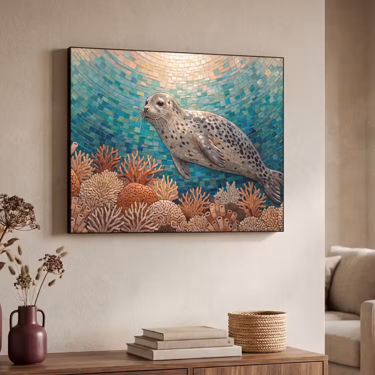 Zeehond - Mozaïek - Onderwater - Dieren - Blauw Textielframe zwart klein -sfeer3