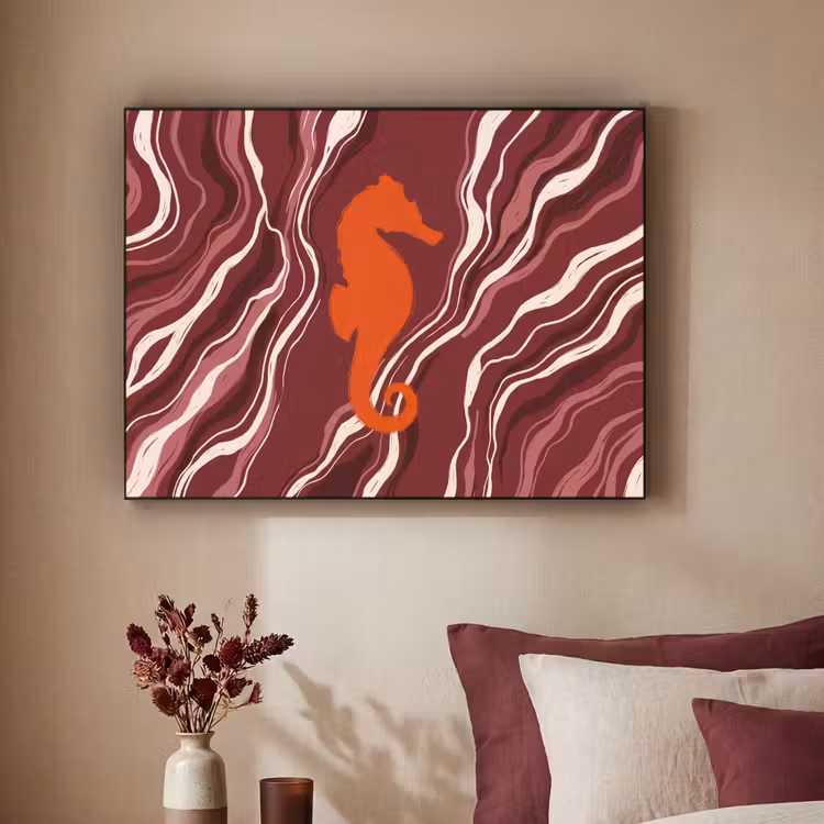 Zeepaardje - Golven - Zeeleven - Abstract - Oranje Textielframe zwart klein -sfeer1