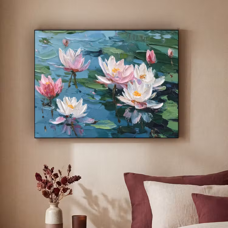 Waterlelies - Bloemen - Roze - Water Textielframe zwart klein -sfeer1