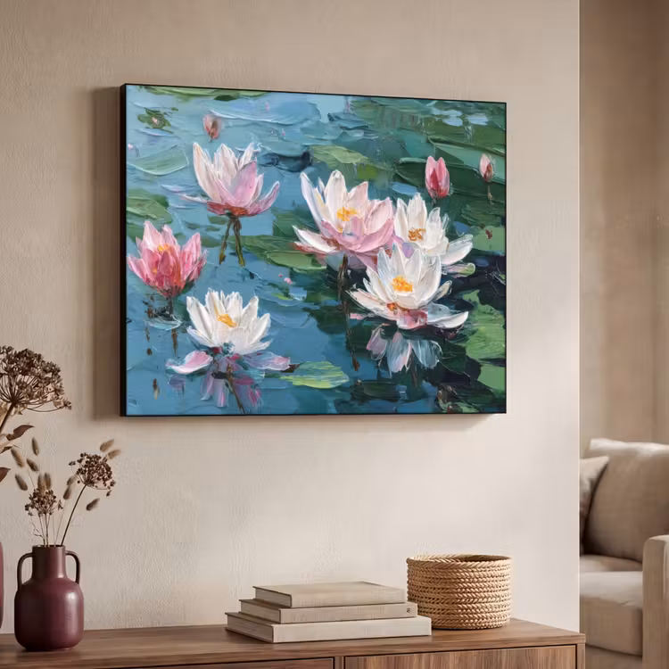 Waterlelies - Bloemen - Roze - Water Textielframe - compleet frame klein -sfeer3