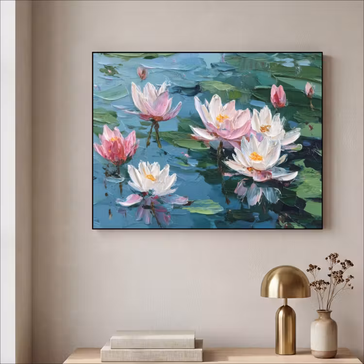 Waterlelies - Bloemen - Roze - Water Textielframe - compleet frame klein -sfeer2