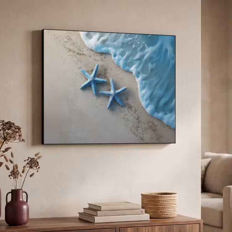 Zeesterren - Zand - Zee - Blauw Textielframe zwart klein -sfeer3