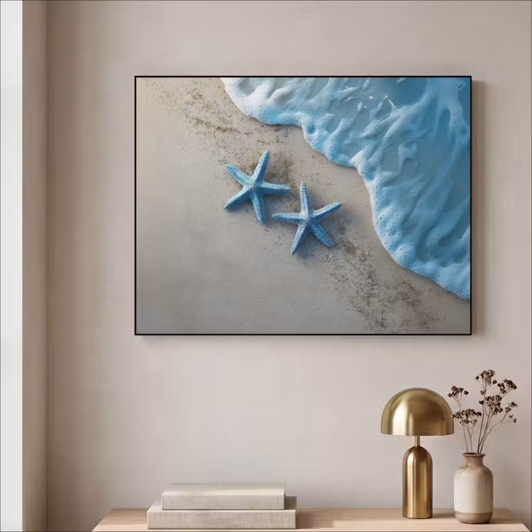 Zeesterren - Zand - Zee - Blauw Textielframe zwart klein -sfeer2