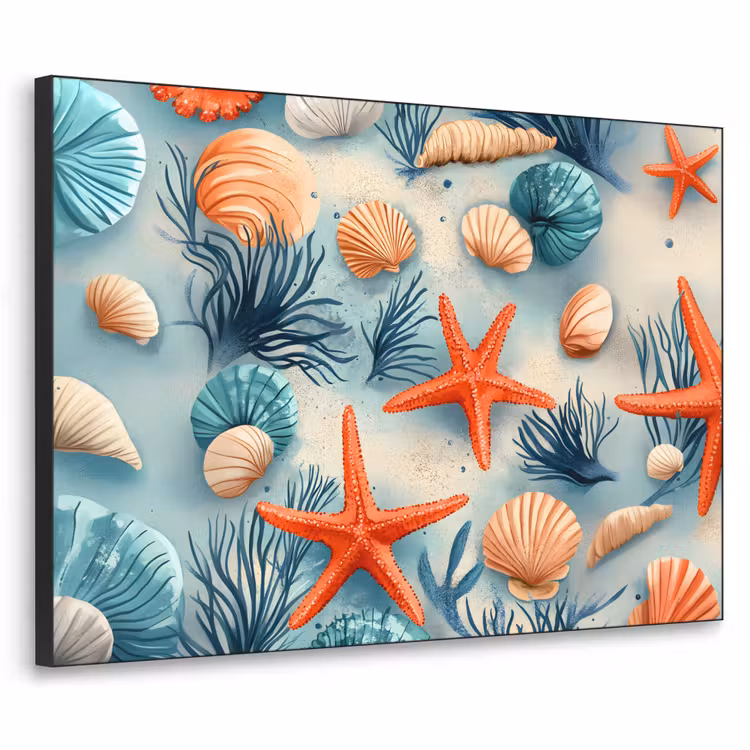 Zeesterren - Schelpen - Illustratie - Zand Textielframe zwart klein -3d