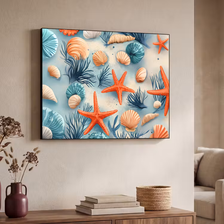 Zeesterren - Schelpen - Illustratie - Zand Textielframe - compleet frame klein -sfeer3