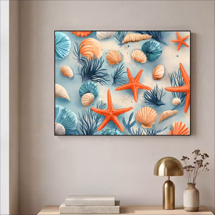 Zeesterren - Schelpen - Illustratie - Zand Textielframe zwart klein -sfeer2
