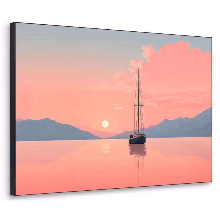 Zeilboot - Roze zee - Zonsondergang - Bergen Textielframe zwart klein -3d