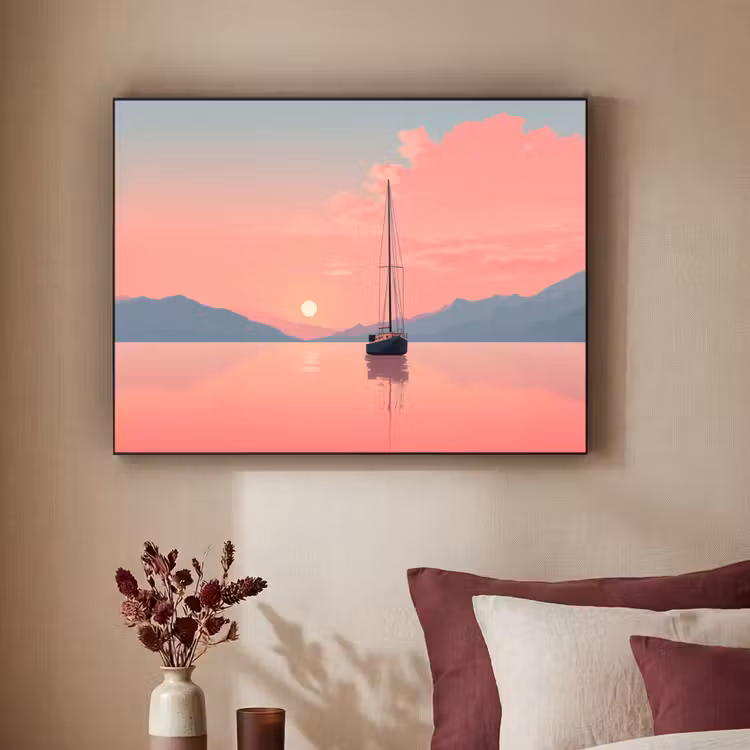 Zeilboot - Roze zee - Zonsondergang - Bergen Textielframe - compleet frame klein -sfeer1