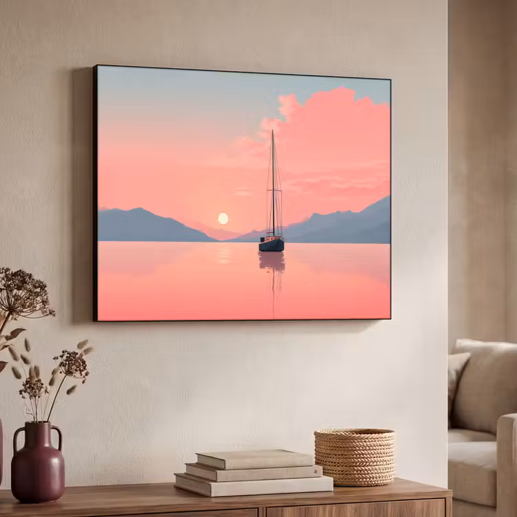 Zeilboot - Roze zee - Zonsondergang - Bergen Textielframe - compleet frame klein -sfeer3