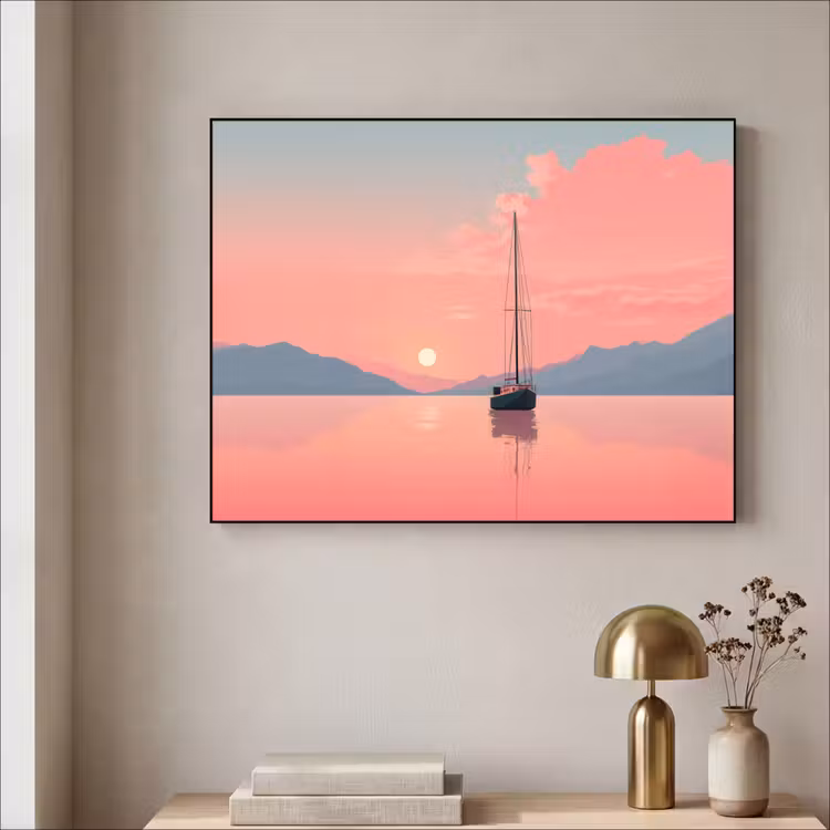 Zeilboot - Roze zee - Zonsondergang - Bergen Textielframe - compleet frame klein -sfeer2