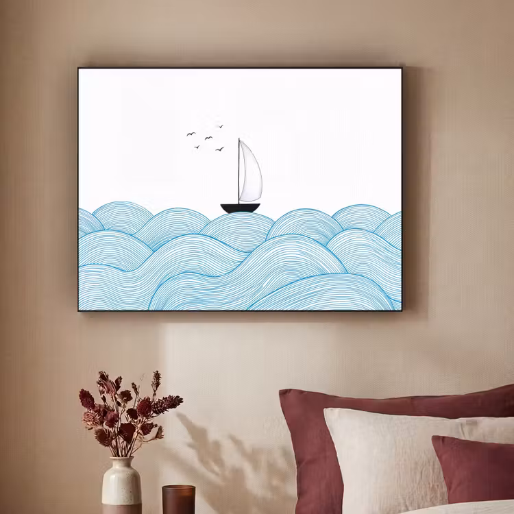 Zeilboot - Golven - Zee - Illustratie - Blauw Textielframe zwart klein -sfeer1