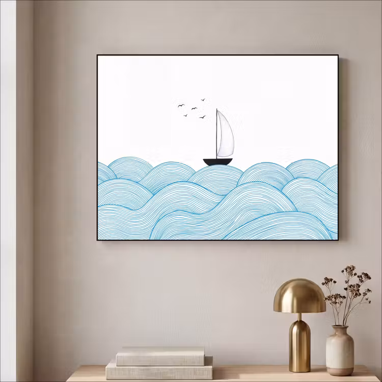 Zeilboot - Golven - Zee - Illustratie - Blauw Textielframe zwart klein -sfeer2