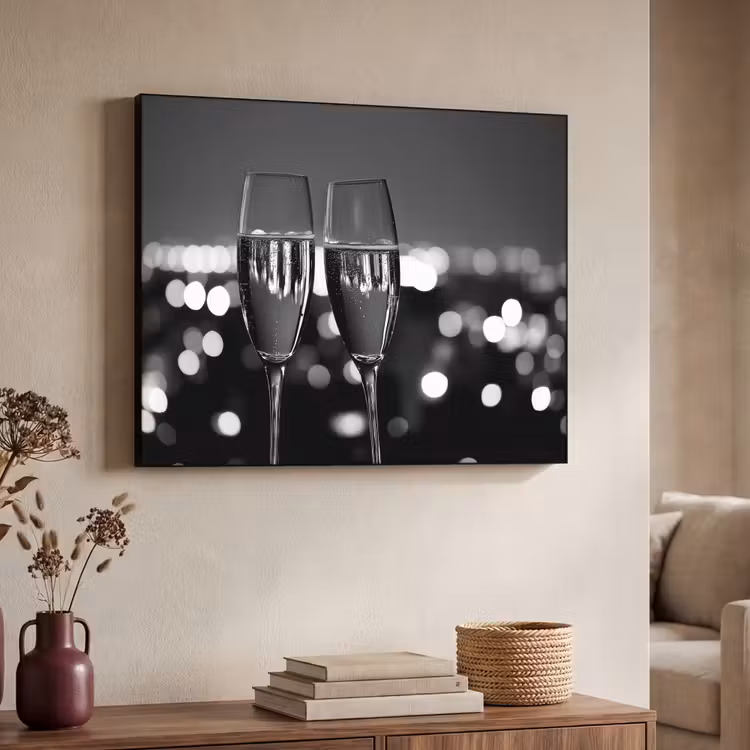 Bubbels - Proosten - Champagneglazen - Stadslichten Textielframe - compleet frame klein -sfeer3