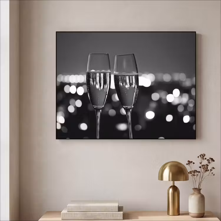 Bubbels - Proosten - Champagneglazen - Stadslichten Textielframe - compleet frame klein -sfeer2