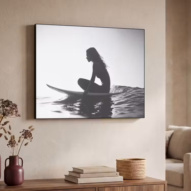 Silhouet - Vrouw - Surfplank - Water Textielframe zwart klein -sfeer3