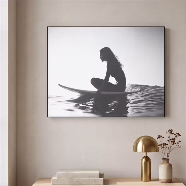 Silhouet - Vrouw - Surfplank - Water Textielframe zwart klein -sfeer2