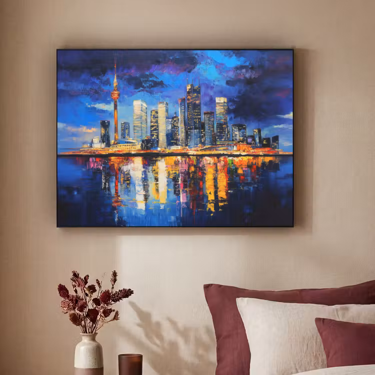 Skyline Toronto - Modern - Stadslicht - Blauw Textielframe - compleet frame klein -sfeer1
