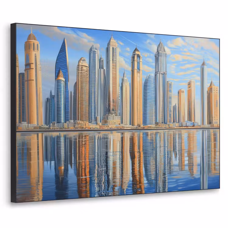 Skyline - Wolkenkrabbers - Water - Blauw Textielframe zwart klein -3d
