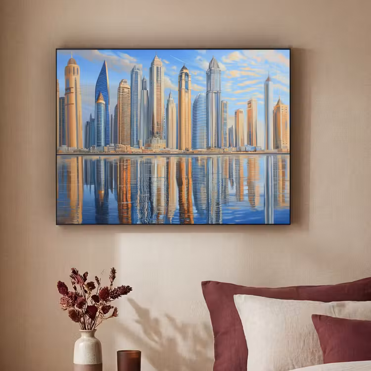 Skyline - Wolkenkrabbers - Water - Blauw Textielframe - compleet frame klein -sfeer1