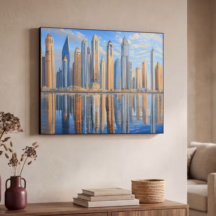 Skyline - Wolkenkrabbers - Water - Blauw Textielframe - compleet frame klein -sfeer3