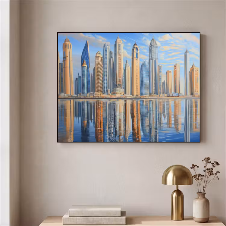 Skyline - Wolkenkrabbers - Water - Blauw Textielframe zwart klein -sfeer2