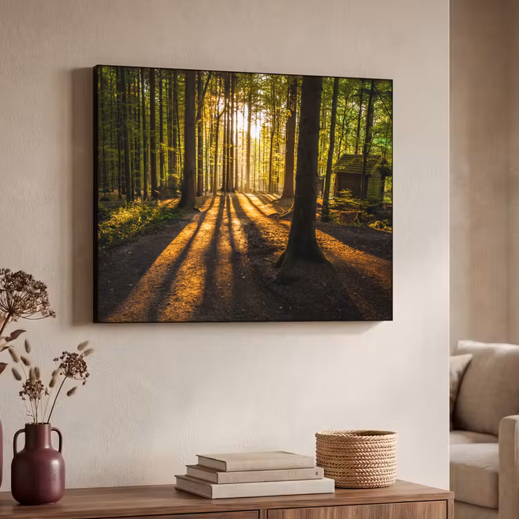 Zon - Bomen - Bos - Landschap - Natuur Textielframe zwart klein -sfeer3
