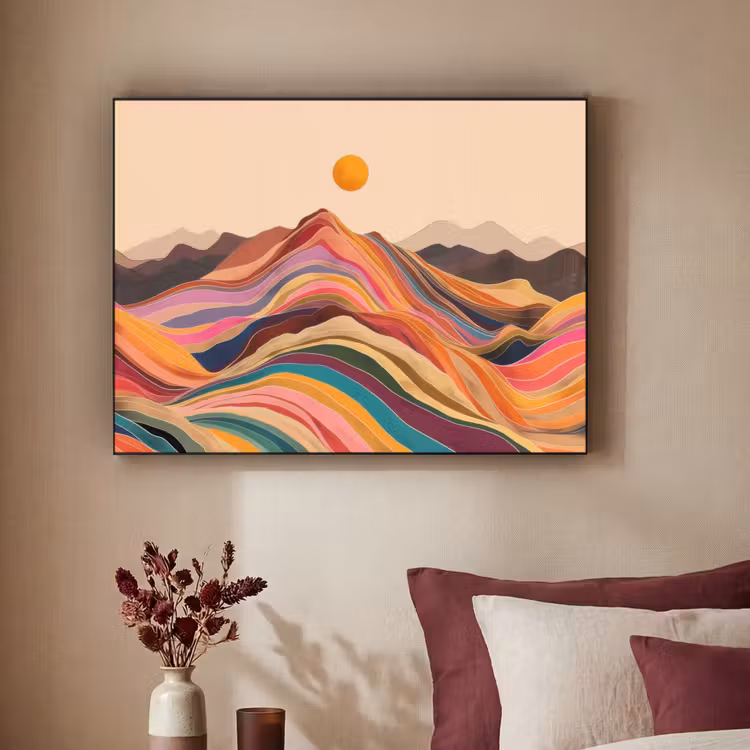 Zon - Kleurrijk landschap - Bergen Textielframe zwart klein -sfeer1