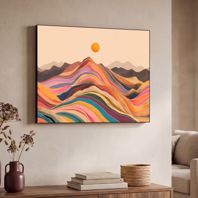 Zon - Kleurrijk landschap - Bergen Textielframe - compleet frame klein -sfeer3