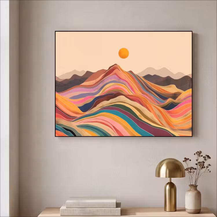Zon - Kleurrijk landschap - Bergen Textielframe - compleet frame klein -sfeer2