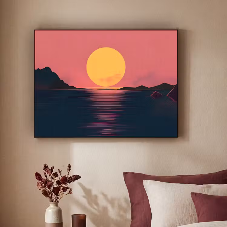 Zon - Geel - Bergen - Water Textielframe zwart klein -sfeer1