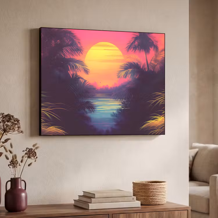 Zon - Geel - Palmbomen - Tropisch Textielframe zwart klein -sfeer3