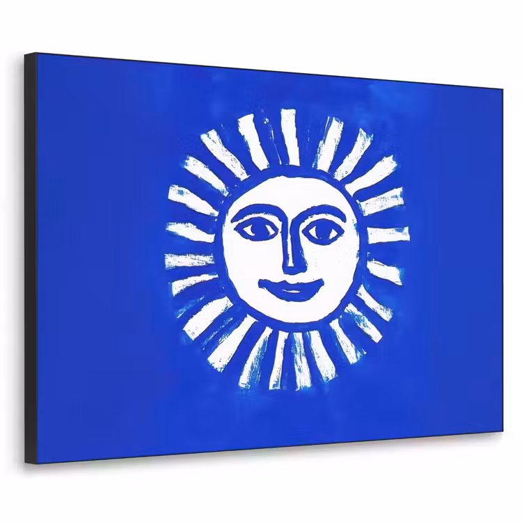 Zon - Gezicht - Penseelstructuur - Blauw Textielframe - compleet frame klein -3d