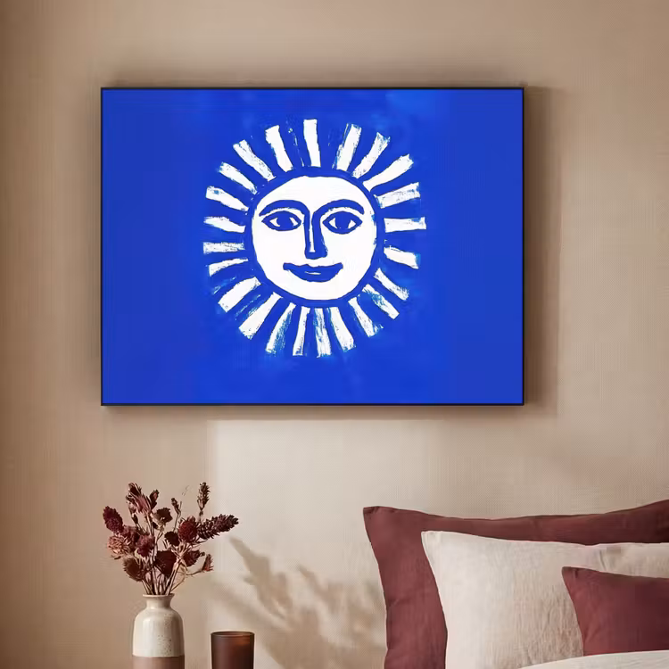 Zon - Gezicht - Penseelstructuur - Blauw Textielframe zwart klein -sfeer1