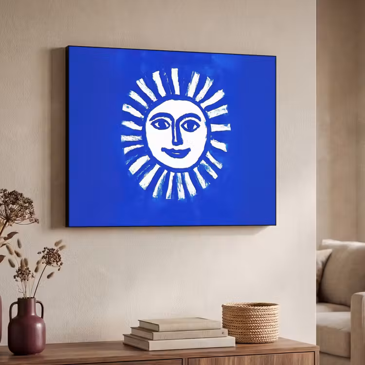 Zon - Gezicht - Penseelstructuur - Blauw Textielframe - compleet frame klein -sfeer3