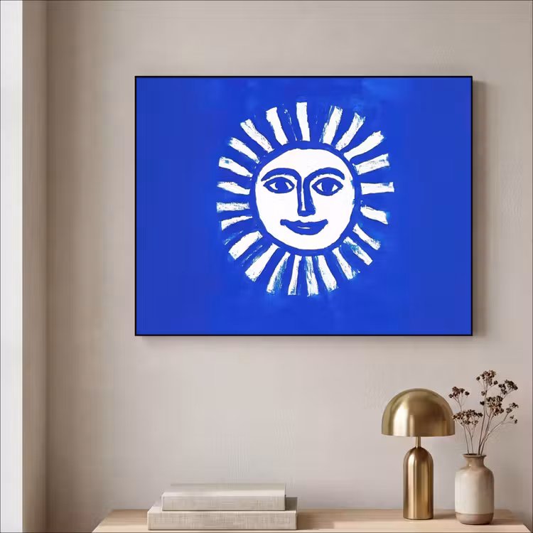 Zon - Gezicht - Penseelstructuur - Blauw Textielframe - compleet frame klein -sfeer2