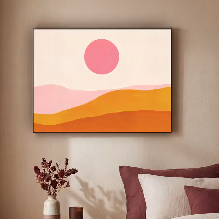 Zon - Heuvels - Abstract - Roze Textielframe zwart klein -sfeer1