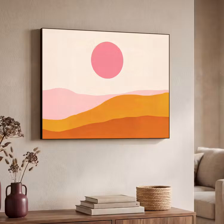 Zon - Heuvels - Abstract - Roze Textielframe zwart klein -sfeer3