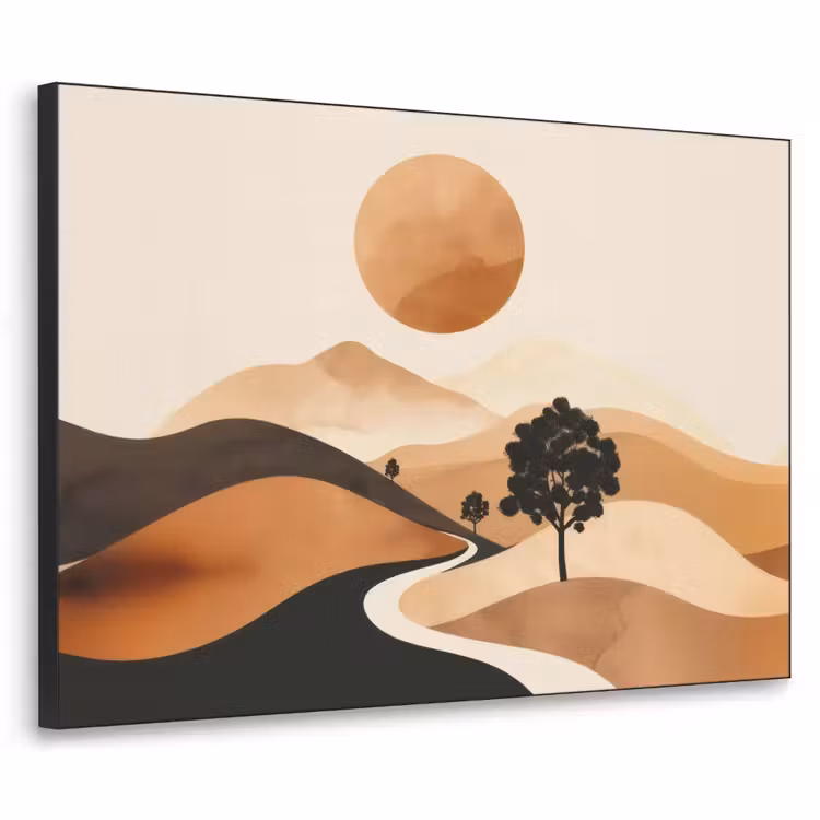 Zon - Heuvels - Boom - Abstract Textielframe zwart klein -3d