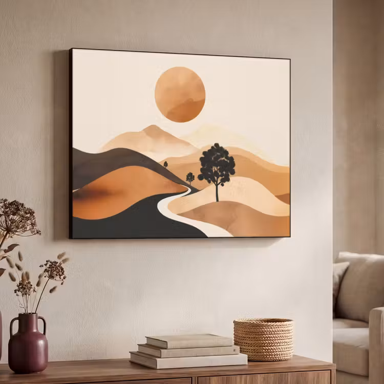 Zon - Heuvels - Boom - Abstract Textielframe zwart klein -sfeer3