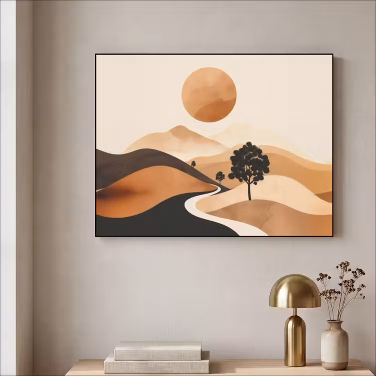 Zon - Heuvels - Boom - Abstract Textielframe - compleet frame klein -sfeer2
