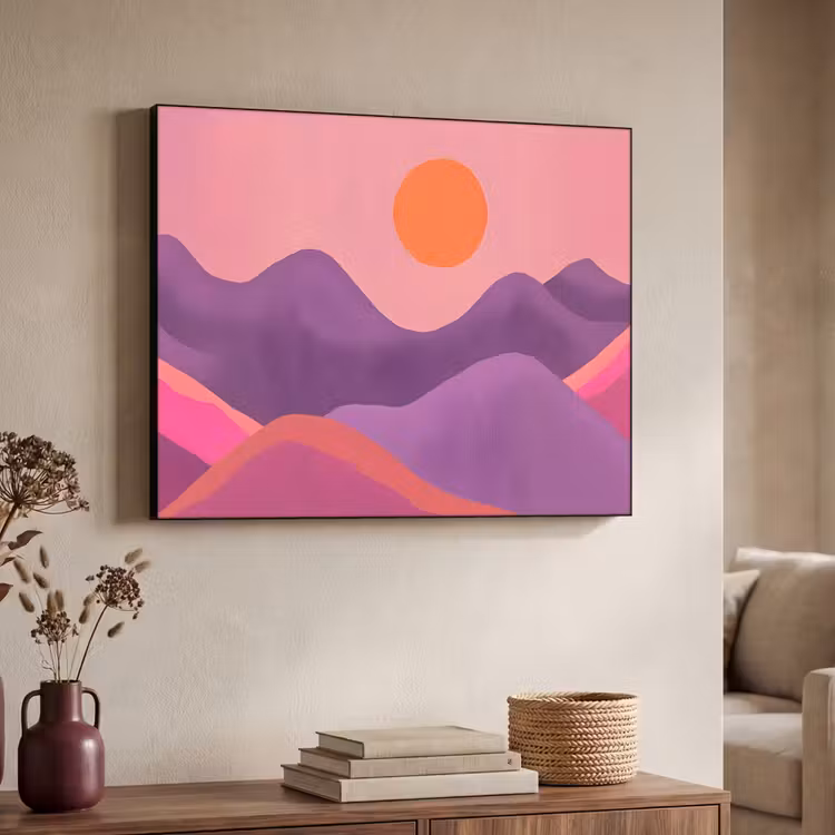 Zon - Heuvels - Paars - Abstract Textielframe zwart klein -sfeer3