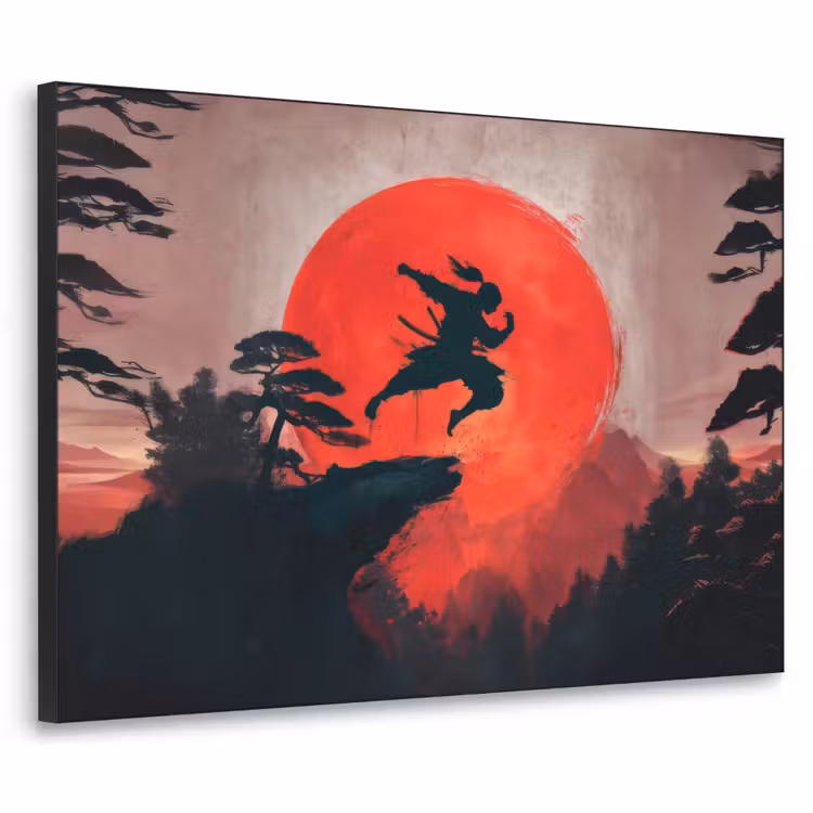 Zon - Krijger - Bomen - Bergen Textielframe zwart klein -3d