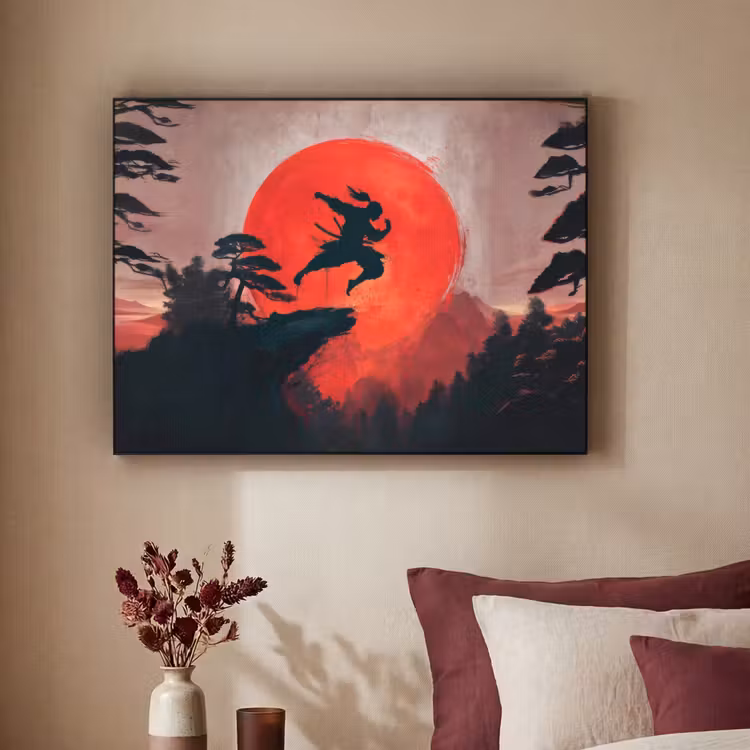 Zon - Krijger - Bomen - Bergen Textielframe zwart klein -sfeer1