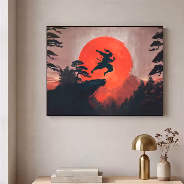 Zon - Krijger - Bomen - Bergen Textielframe - compleet frame klein -sfeer2