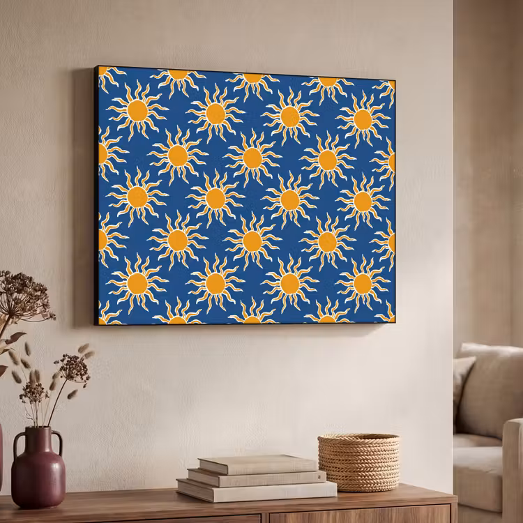 Zon - Patroon - Blauw Textielframe zwart klein 947 -sfeer3
