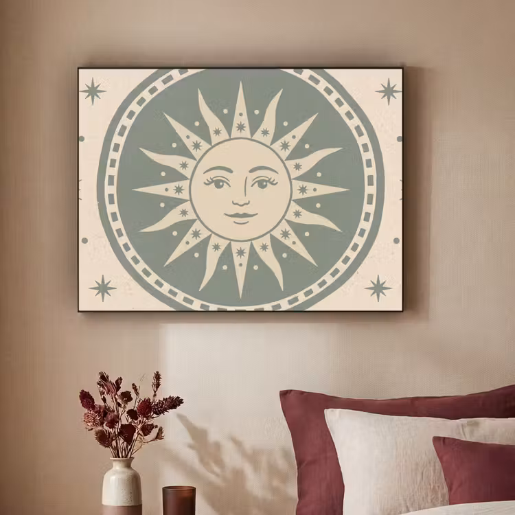 Zon - Sterren - Astrologie - Vintage - Groen Textielframe zwart klein -sfeer1