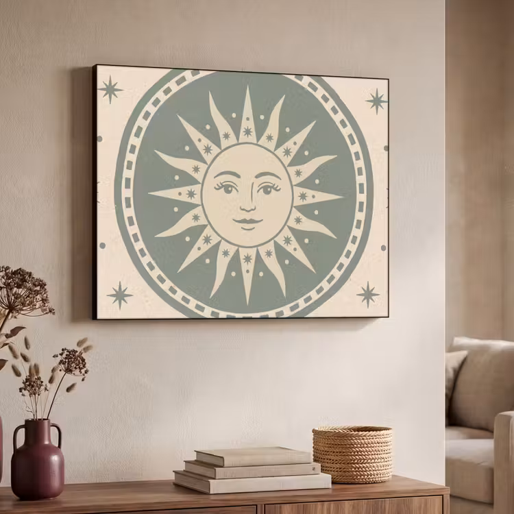 Zon - Sterren - Astrologie - Vintage - Groen Textielframe zwart klein -sfeer3