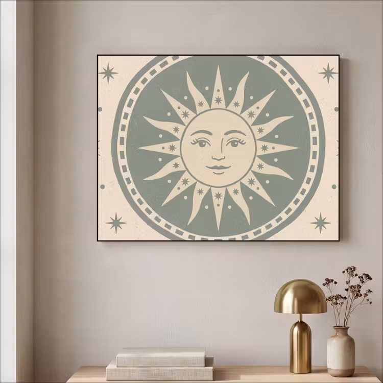 Zon - Sterren - Astrologie - Vintage - Groen Textielframe zwart klein -sfeer2